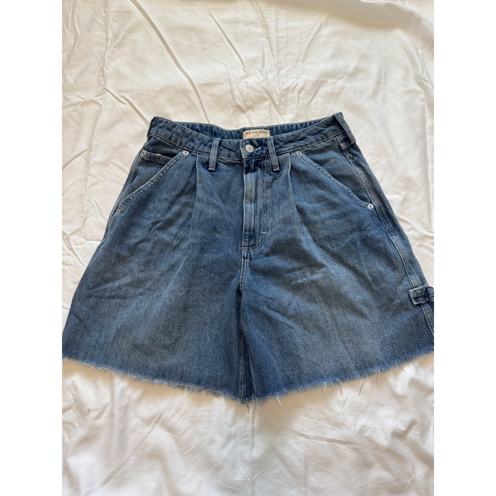 We The Free Free People Denim Carpenter Shorts Blue Pleated Raw Hem Womens 27